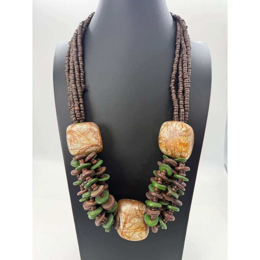 Chunky Multi-Strand Wood & Resin Statement Necklace Brown Green Earthy Boho